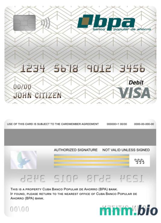 Cuba Banco Popular de Ahorro (BPA) bank visa debet karta przykład w formacie PSD